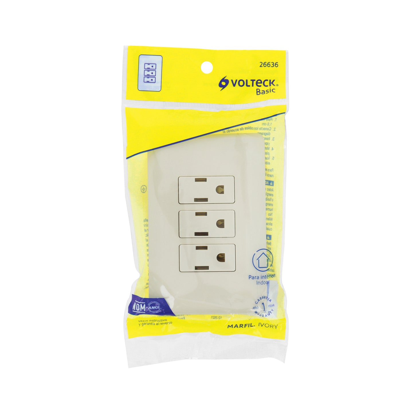 Placa armada 3 contactos aterrizados, marfil, Volteck | PA-COTR-BI | 26636