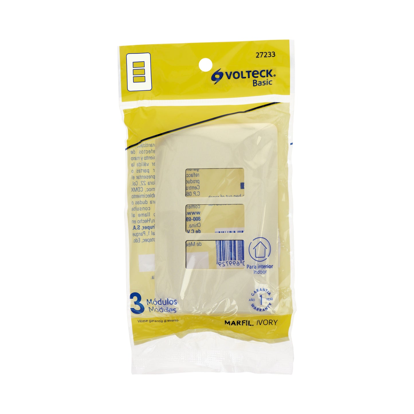 Placa 3 módulos, marfil, línea Volteck Basic | PPTR-BI | 27233