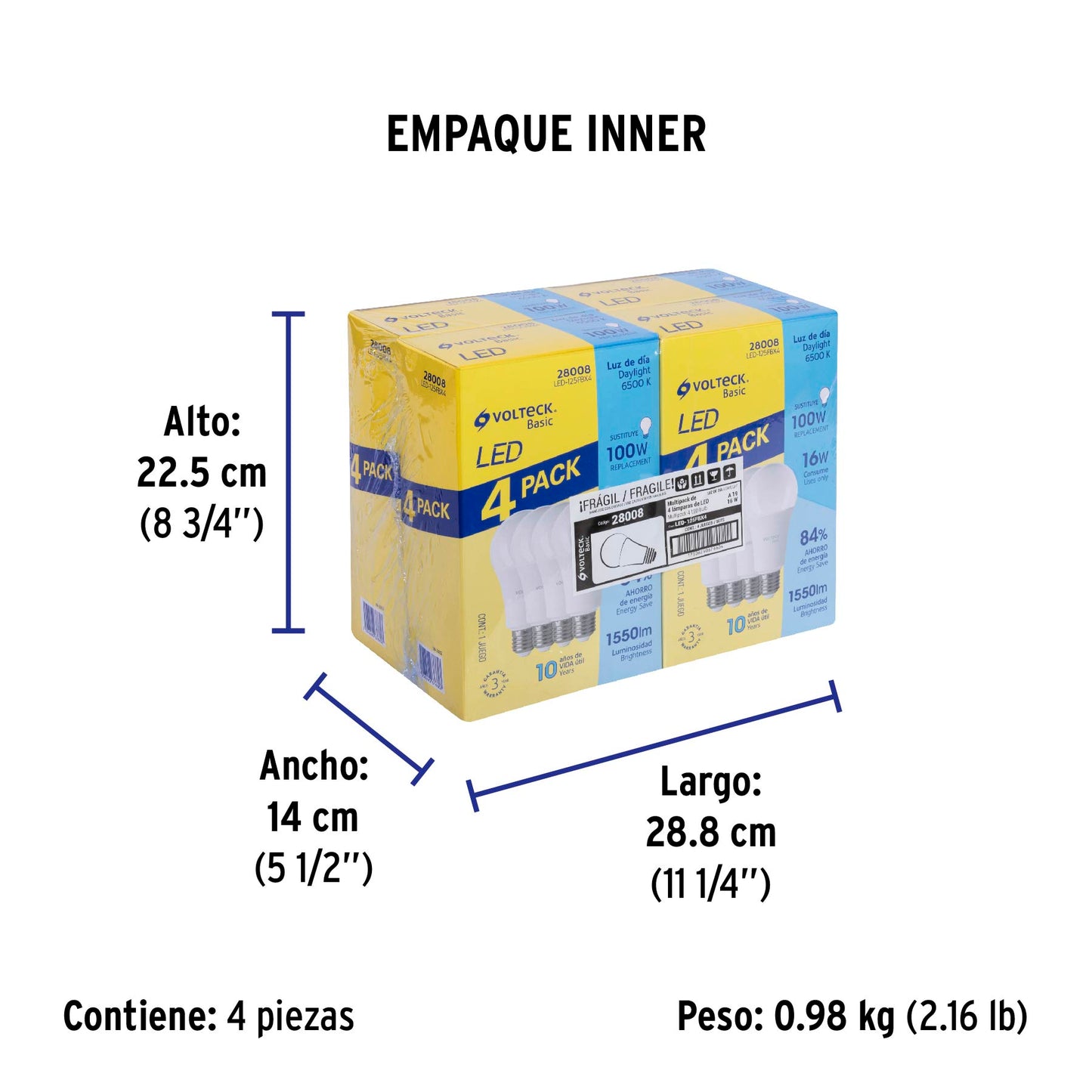 Pack de 4 lámparas LED A19 16 W (equiv. 100 W), luz de día | LED-125FBX4 | 28008