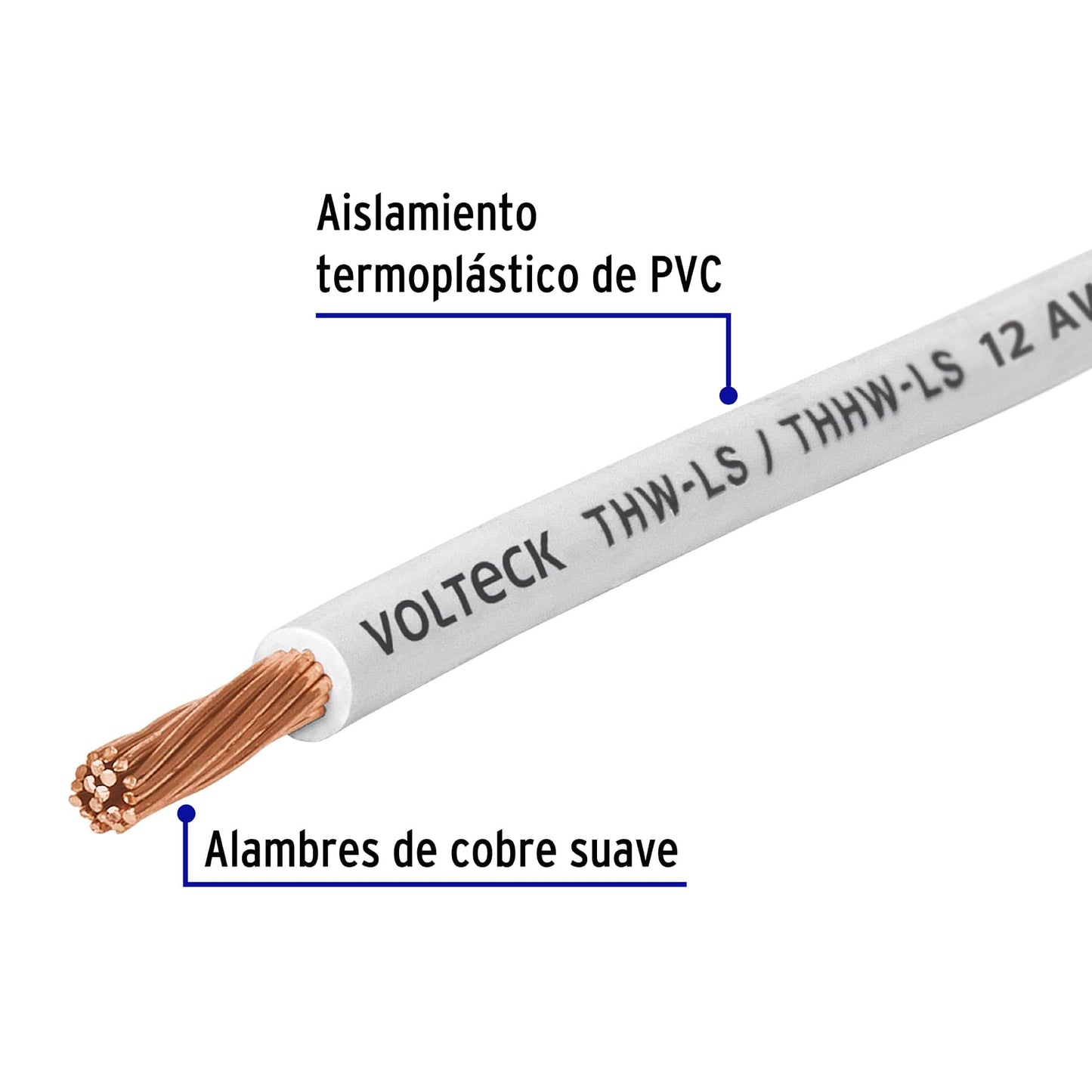 Carrete con 20 m de cable THHW-LS 12 AWG blanco, Volteck | CAB-12B-20 | 40146