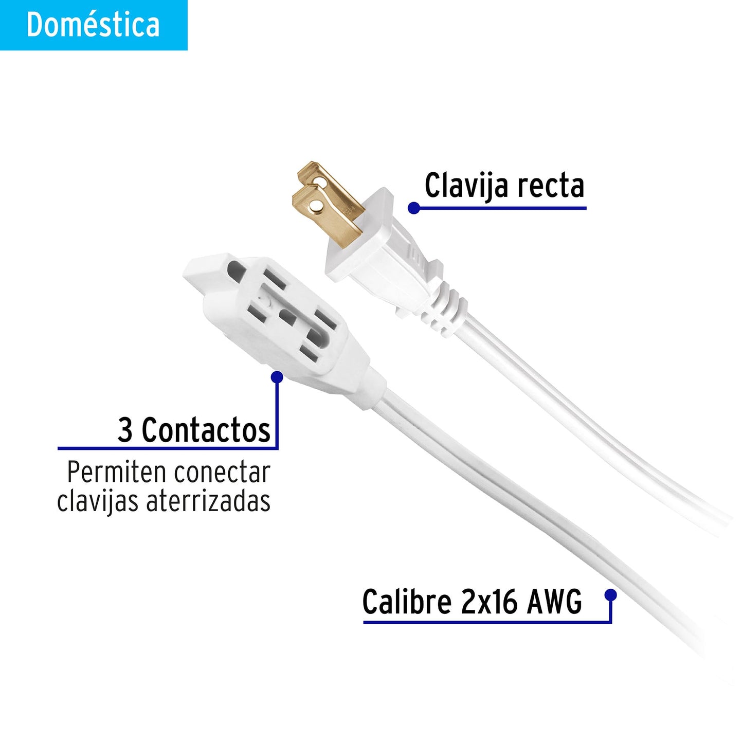 Extensión eléctrica doméstica 3 m clavija recta, blanca | ED-3BR | 40152