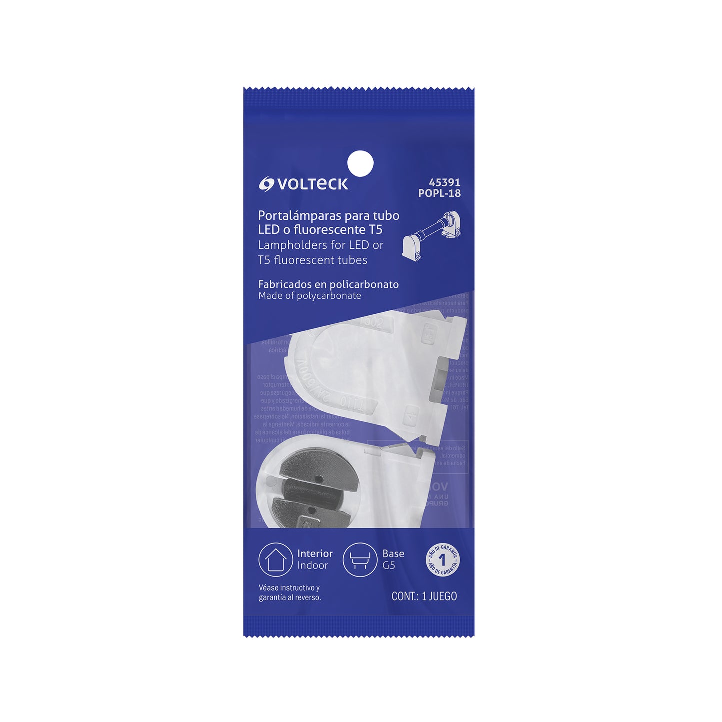 Bolsa 2 pz portalámparas p/tubo LED y fluorescente, base G5 | POPL-18 | 45391