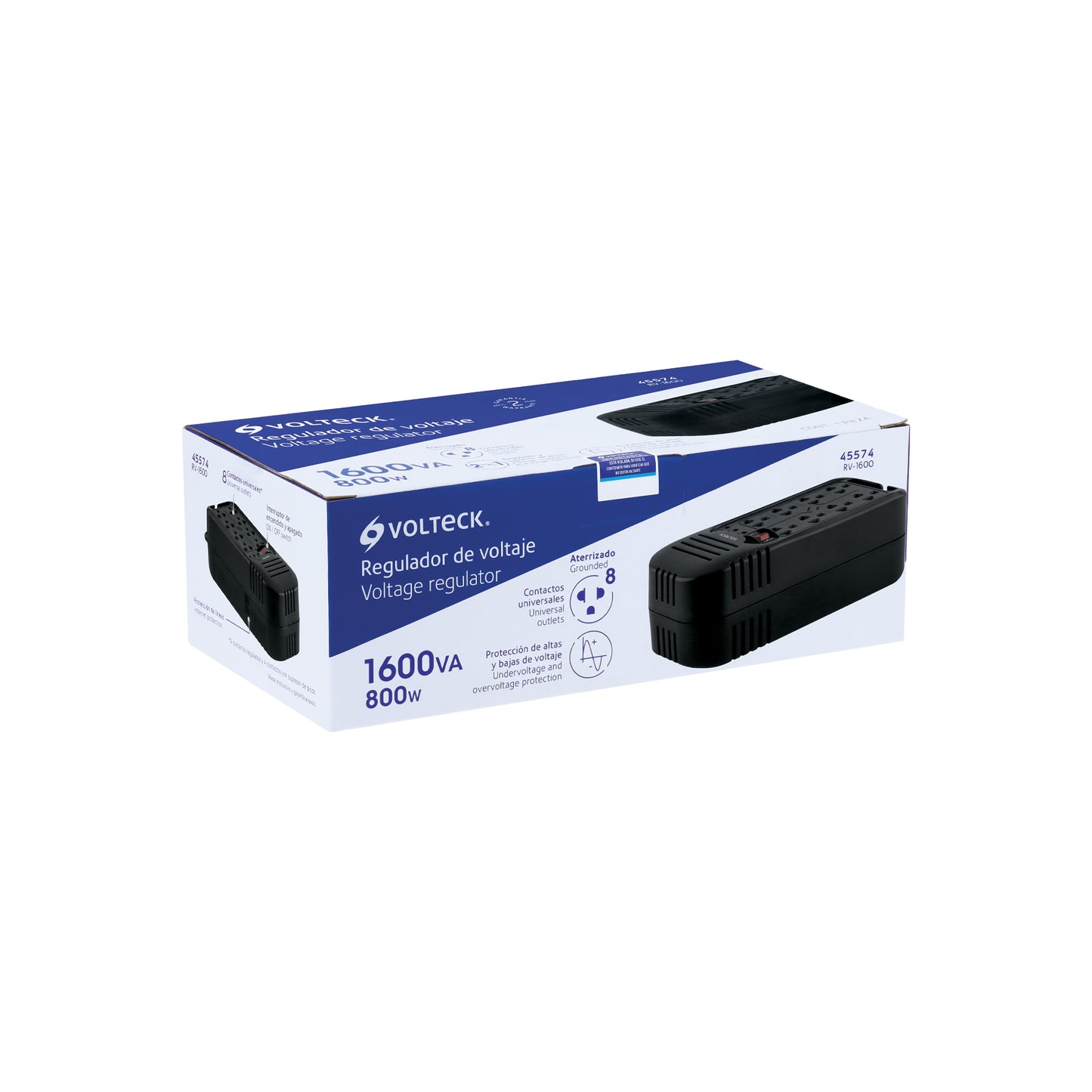 Regulador de voltaje de 1600 VA / 800 W 8 contactos, Volteck | RV-1600 | 45574