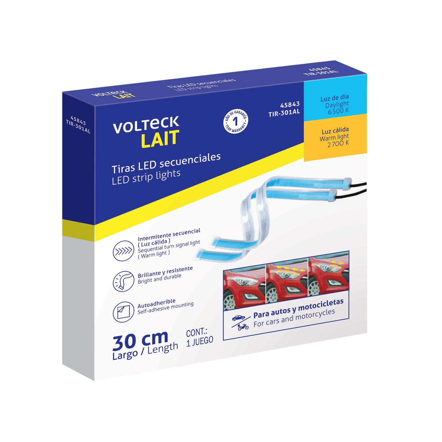 Par de Tiras LED secuenciales para auto 30cm blanco- amarill | TIR-301AL | 45843