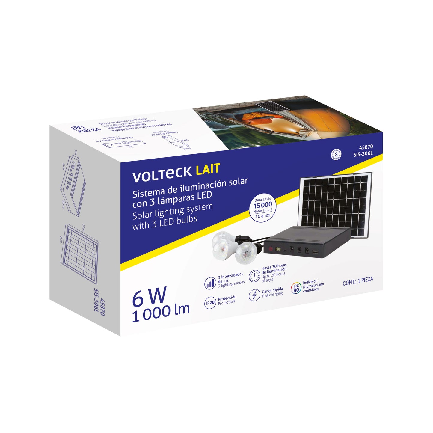 Sistema de iluminación Solar 6 W con 3 lámparas LED, VOLTECK | SIS-306L | 45870