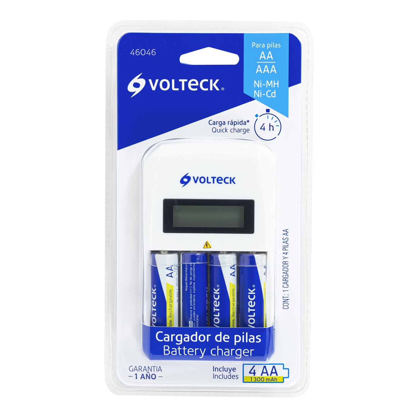 Cargador de pilas, AA, AAA, incluye 4 pilas AA, Volteck | CA-RE-10 | 46046