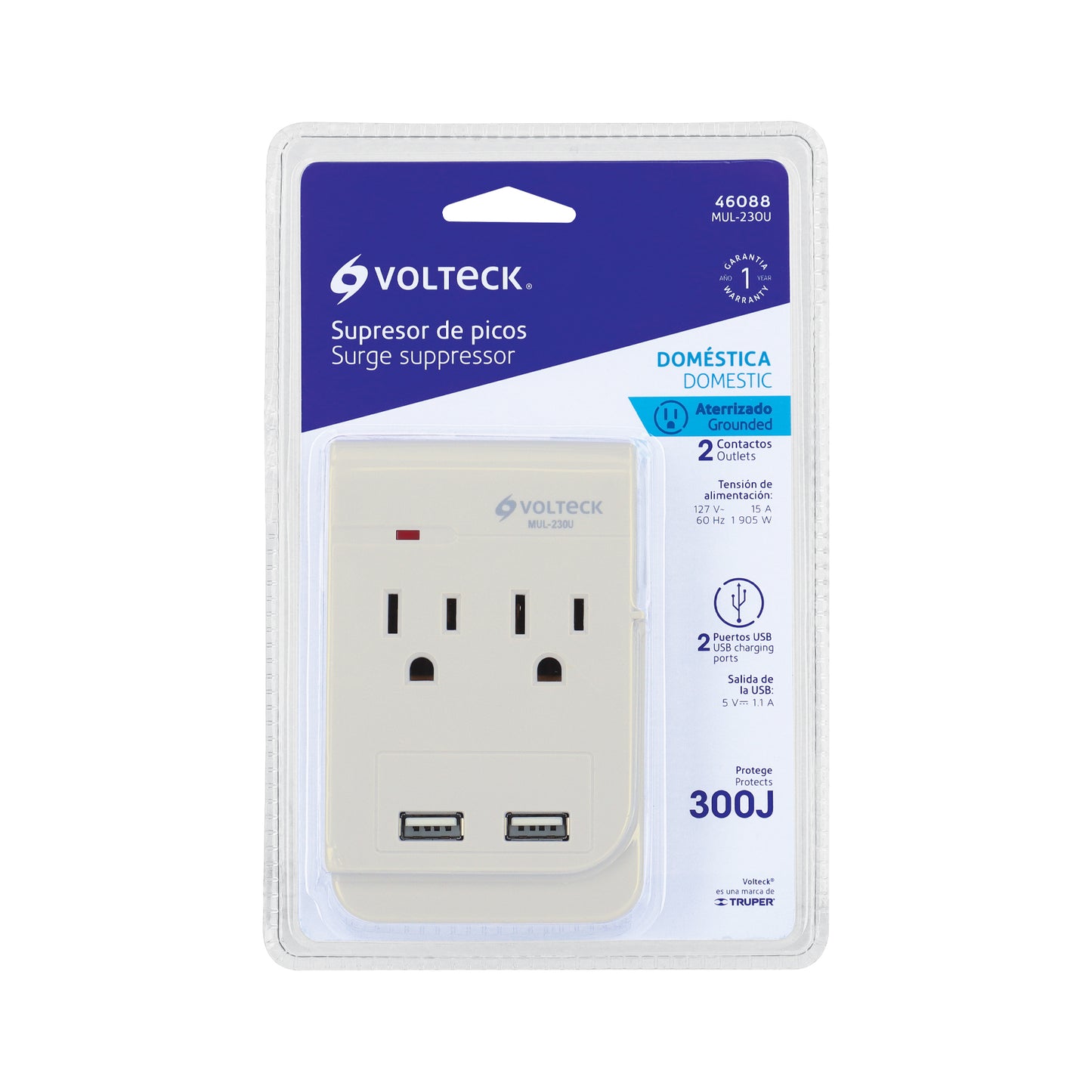 Multicontacto, 2 entradas,con 2 entradas USB, aterrizado | MUL-230U | 46088