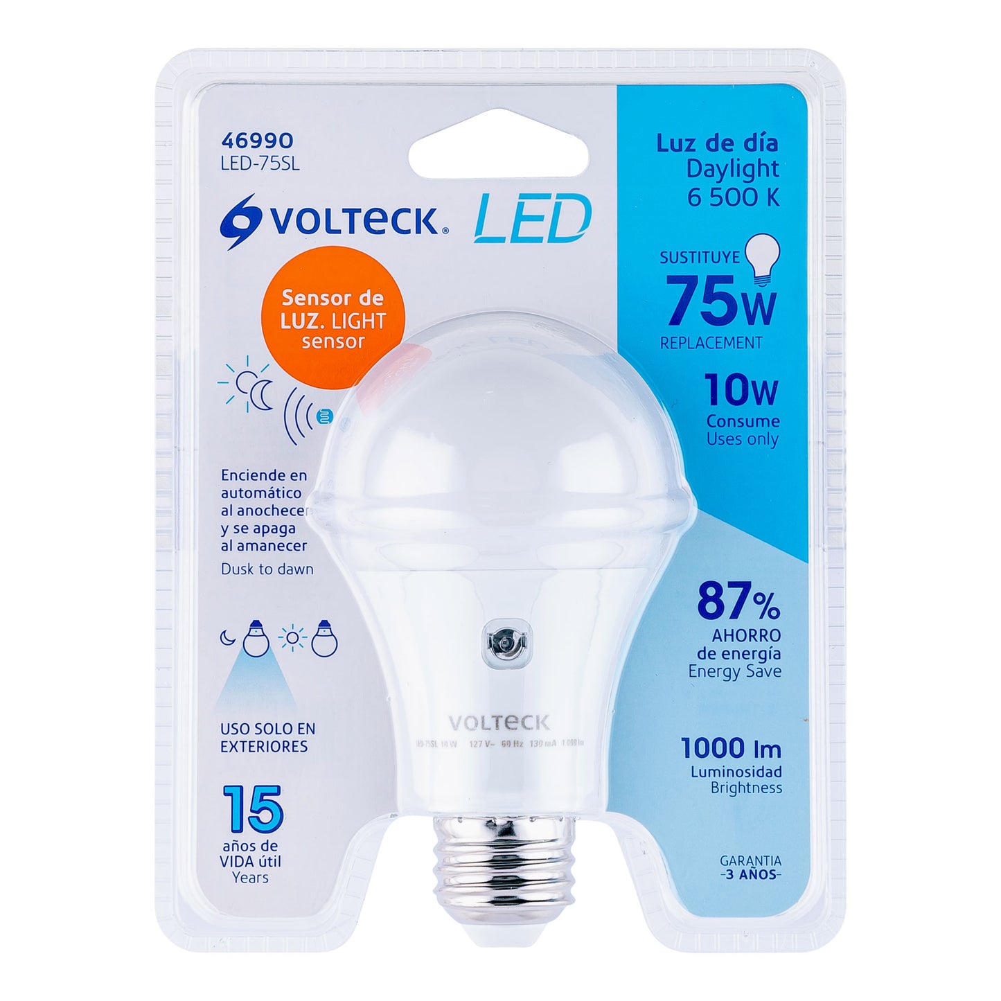 Lámpara LED tipo bulbo A19 10 W con sensor de luz, Volteck | LED-75SL | 46990