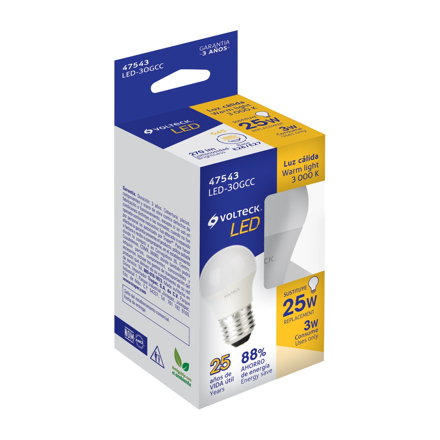 Lámpara LED G45 3 W (equiv. 25 W), luz cálida, caja, Volteck | LED-30GCC | 47543