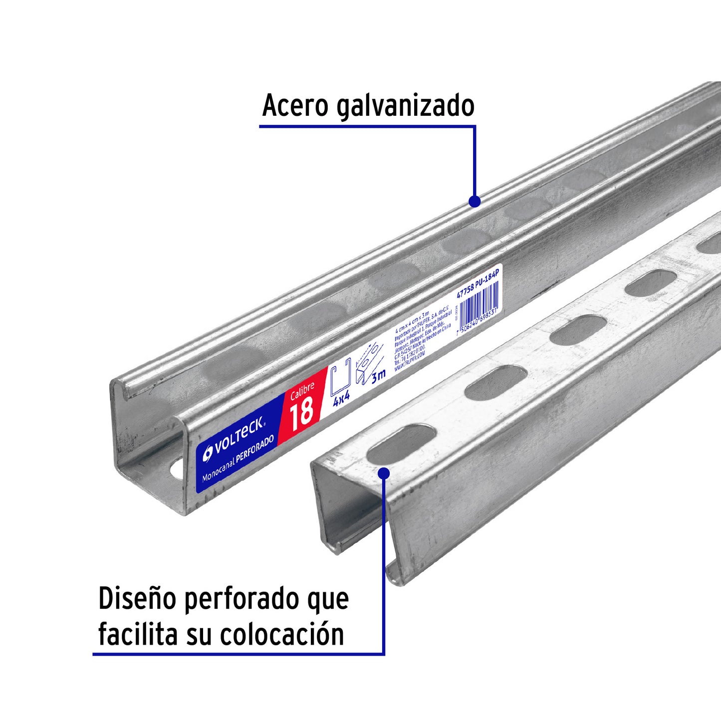 Perfil monocanal perforado de 3 m, 4 x 4 cm cal. 18, VOLTECK | PU-184P | 47758