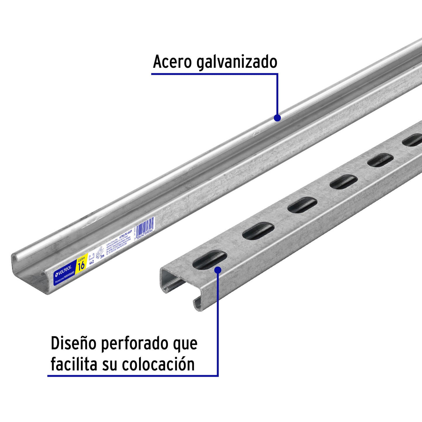 Perfil monocanal perforado de 3 m, 4 x 2 cm cal. 16, VOLTECK | PU-162P | 47761