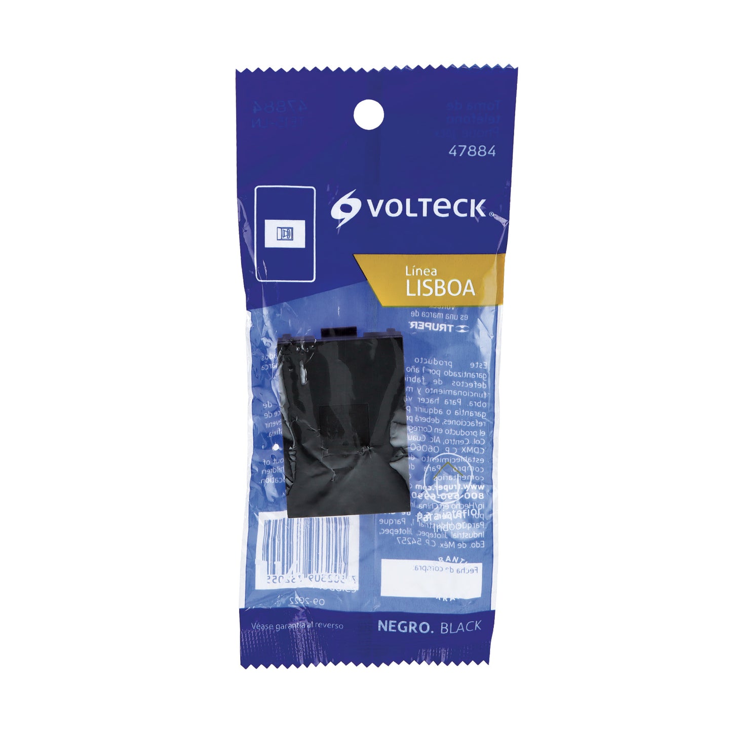 Toma de teléfono negro de 1.5 módulos, línea Lisboa, Volteck | TE15-LN | 47884