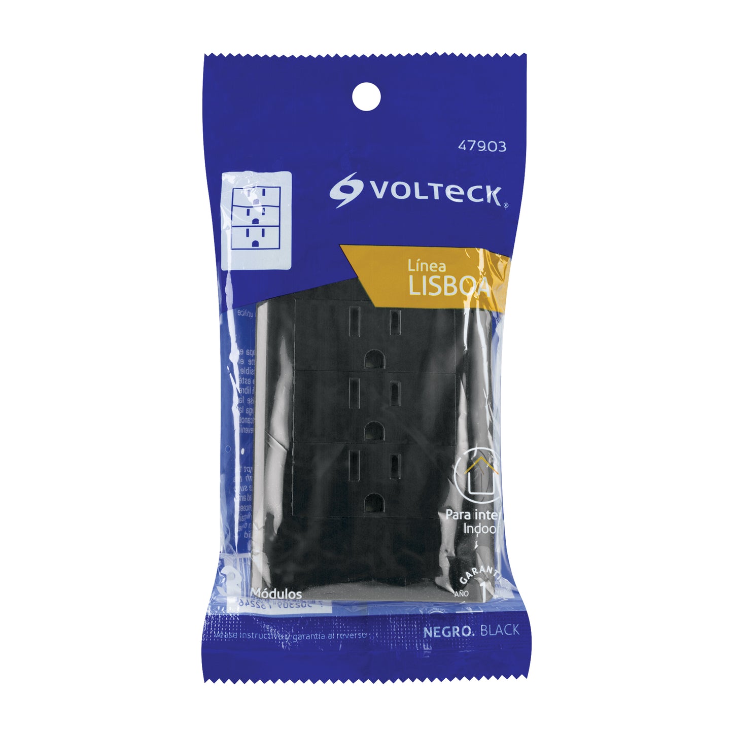 Placa armada negra 3 contactos 1 módulo, Lisboa, Volteck | PA-COTR-LN | 47903
