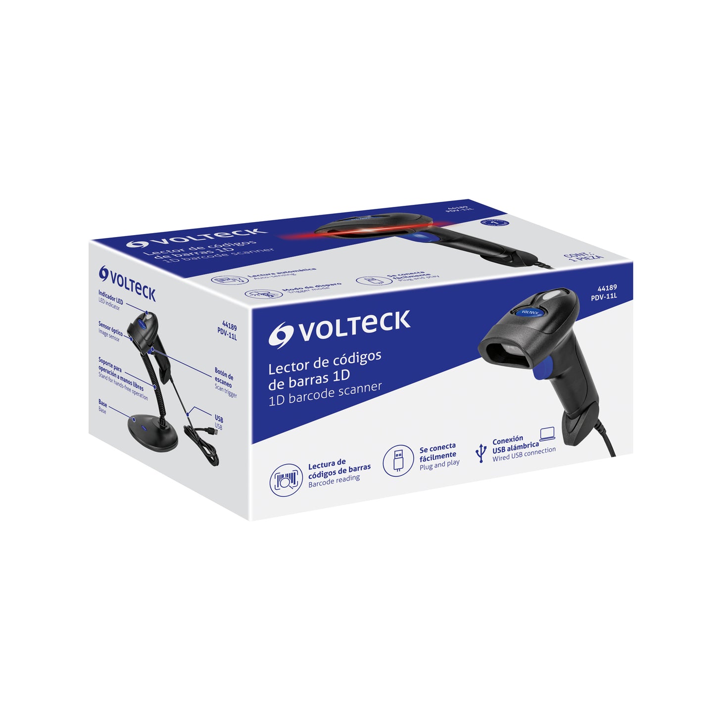 Lector de código de barras 1D, alámbrico, USB, VOLTECK | PDV-11L | 44189