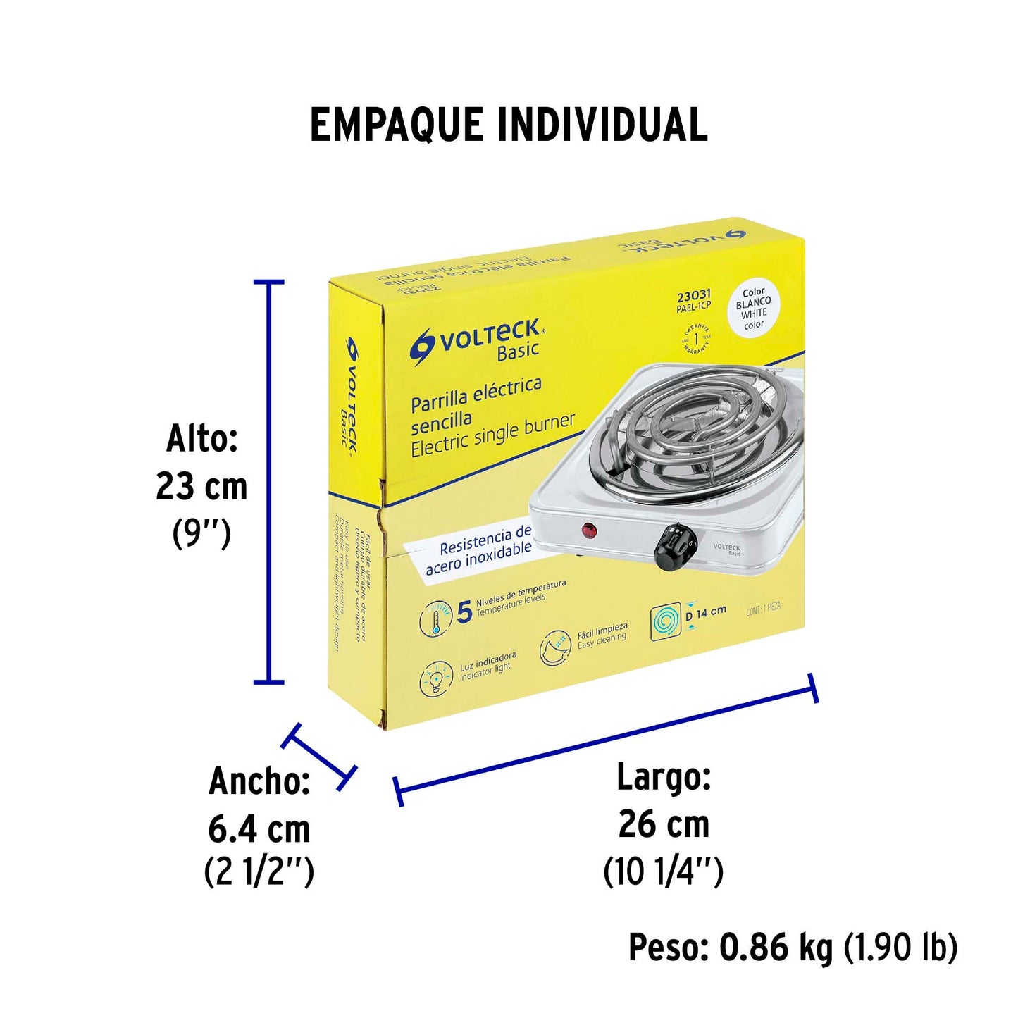 Parrilla eléctrica 1 quemador en espiral, blanca, BASIC | PAEL-1CP | 23031