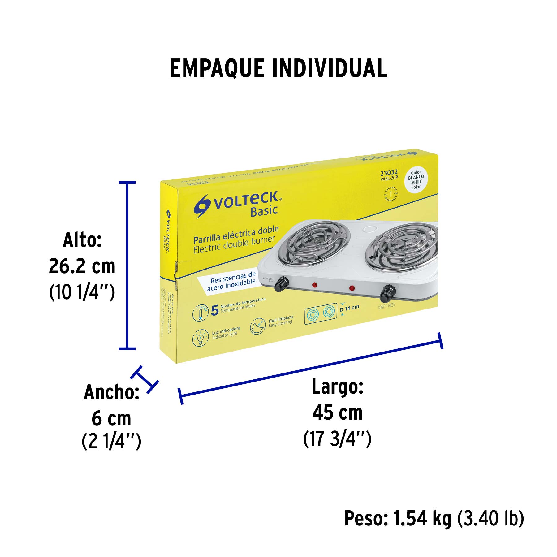 Parrilla eléctrica 2 quemadores en espiral, blanca, BASIC | PAEL-2CP | 23032