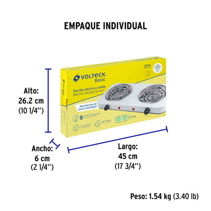 Parrilla eléctrica 2 quemadores en espiral, blanca, BASIC | PAEL-2CP | 23032