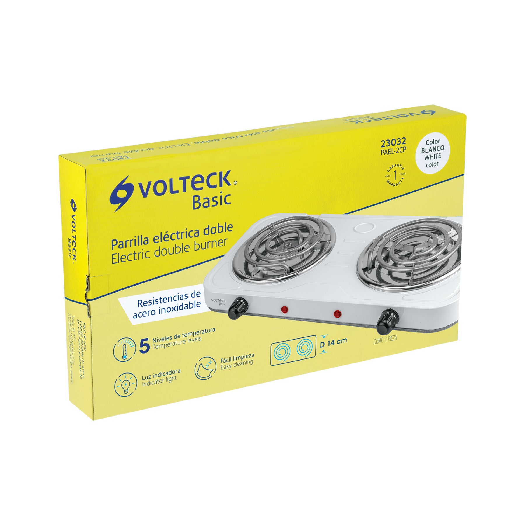 Parrilla eléctrica 2 quemadores en espiral, blanca, BASIC | PAEL-2CP | 23032