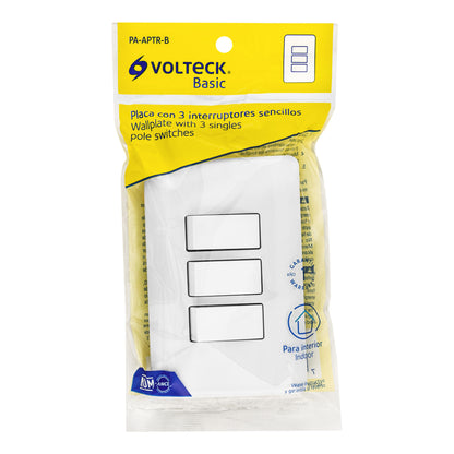 Placa armada con 3 interruptores sencillos, Volteck Basic | PA-APTR-B | 25083
