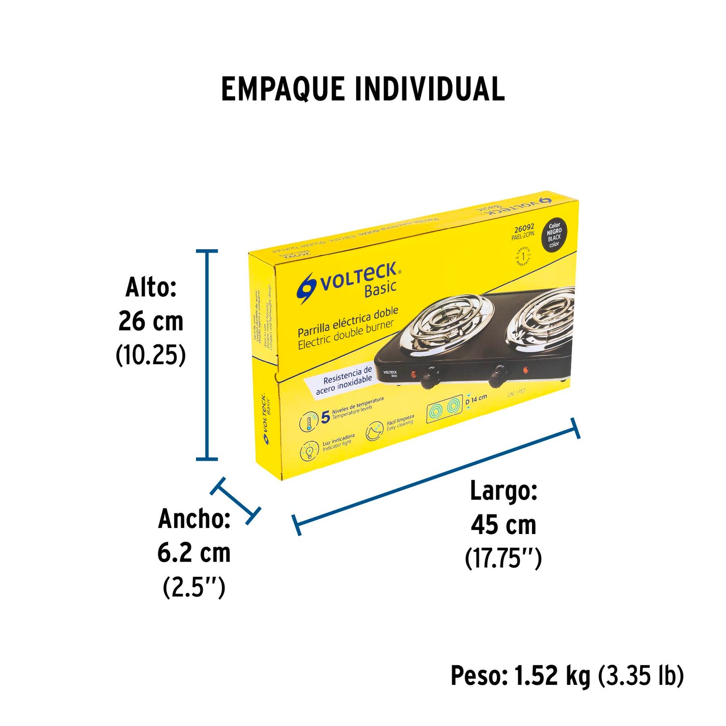 Parrilla eléctrica 2 quemadores en espiral, negra, BASIC | PAEL-2CPN | 26092