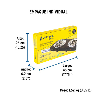 Parrilla eléctrica 2 quemadores en espiral, negra, BASIC | PAEL-2CPN | 26092