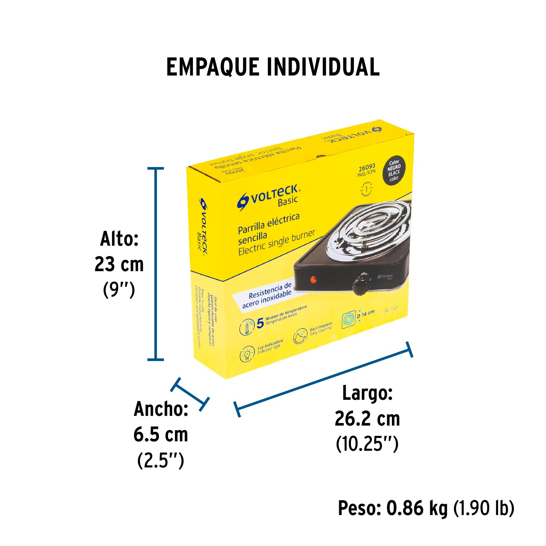 Parrilla eléctrica 1 quemador en espiral, negra, BASIC | PAEL-1CPN | 26093