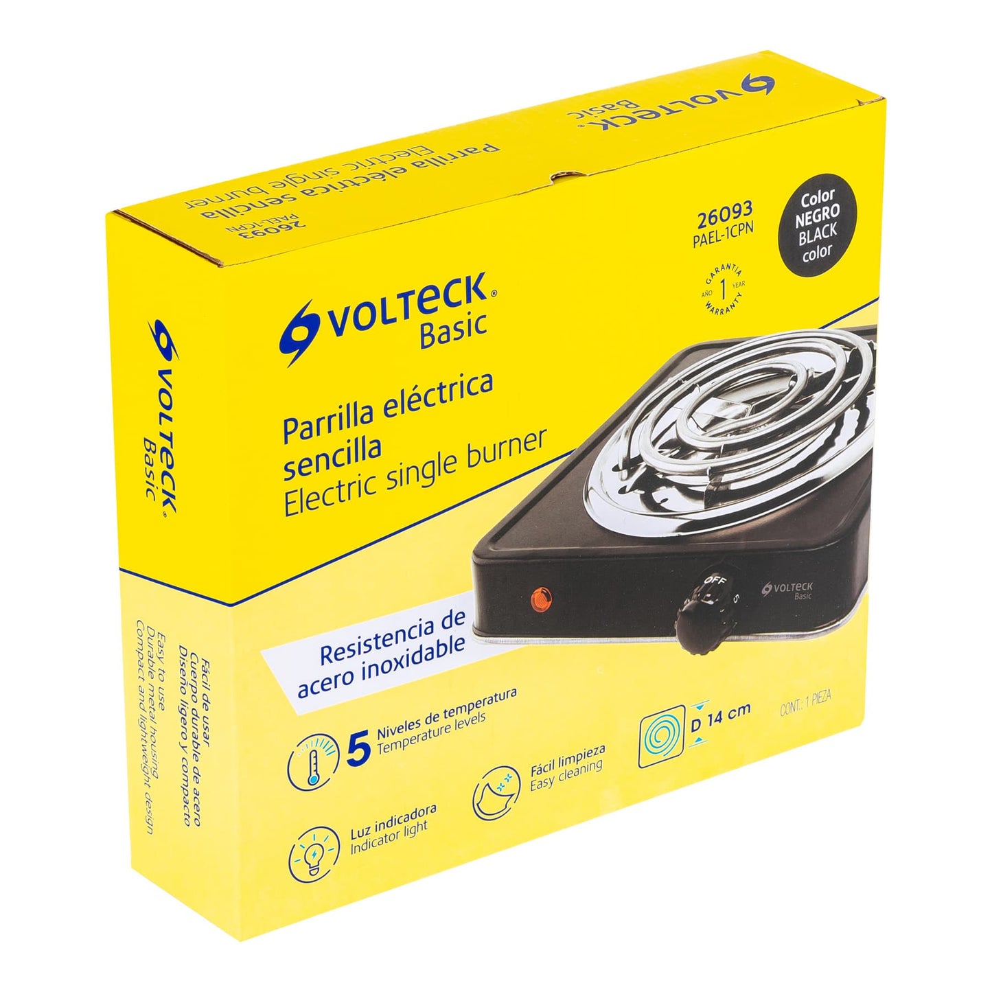 Parrilla eléctrica 1 quemador en espiral, negra, BASIC | PAEL-1CPN | 26093