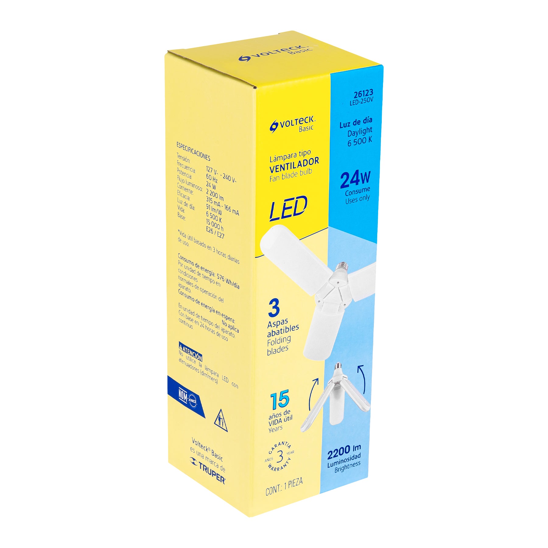 Lámpara LED 24W tipo ventilador, 3 aspas ajustables, VOLTECK | LED-250V | 26123