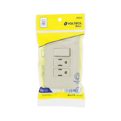 Placa armada interruptor y 2 contactos, marfil, Basic | PA-APCO-B3I | 26633