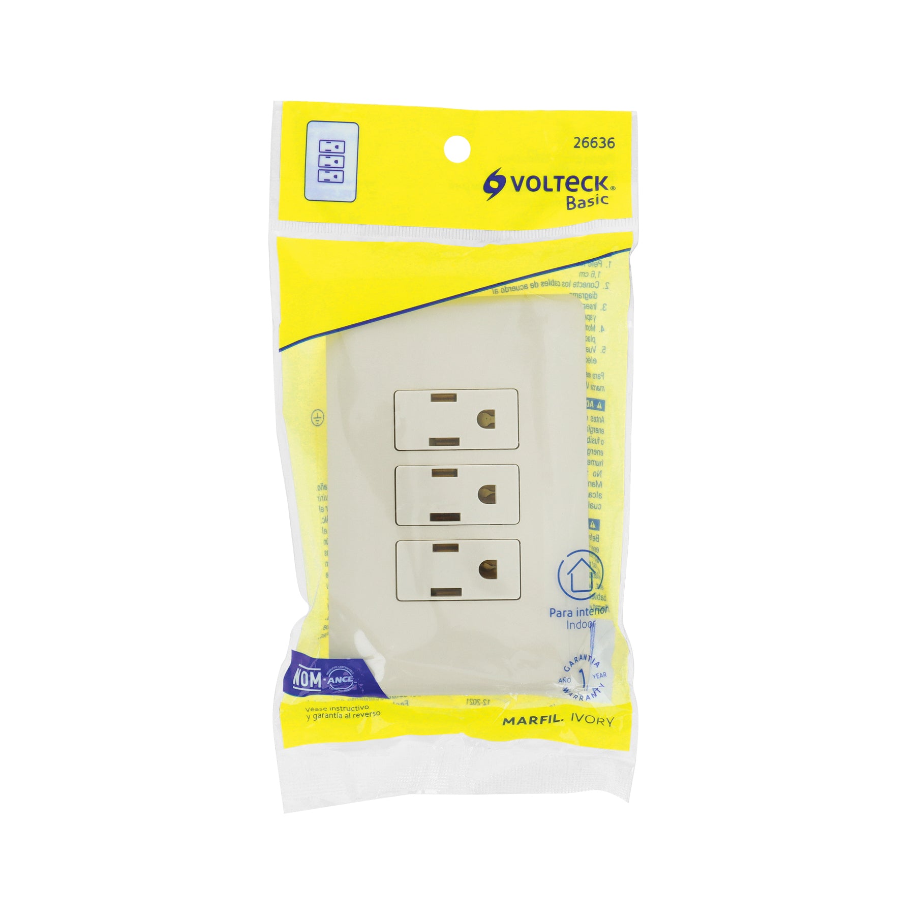 Placa armada 3 contactos aterrizados, marfil, Volteck | PA-COTR-BI | 26636