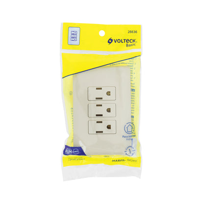 Placa armada 3 contactos aterrizados, marfil, Volteck | PA-COTR-BI | 26636