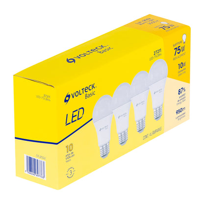 Pack de 4 lámparas LED A19 10 W (equiv. 75 W), luz cálida | LED-75CBX4 | 27211