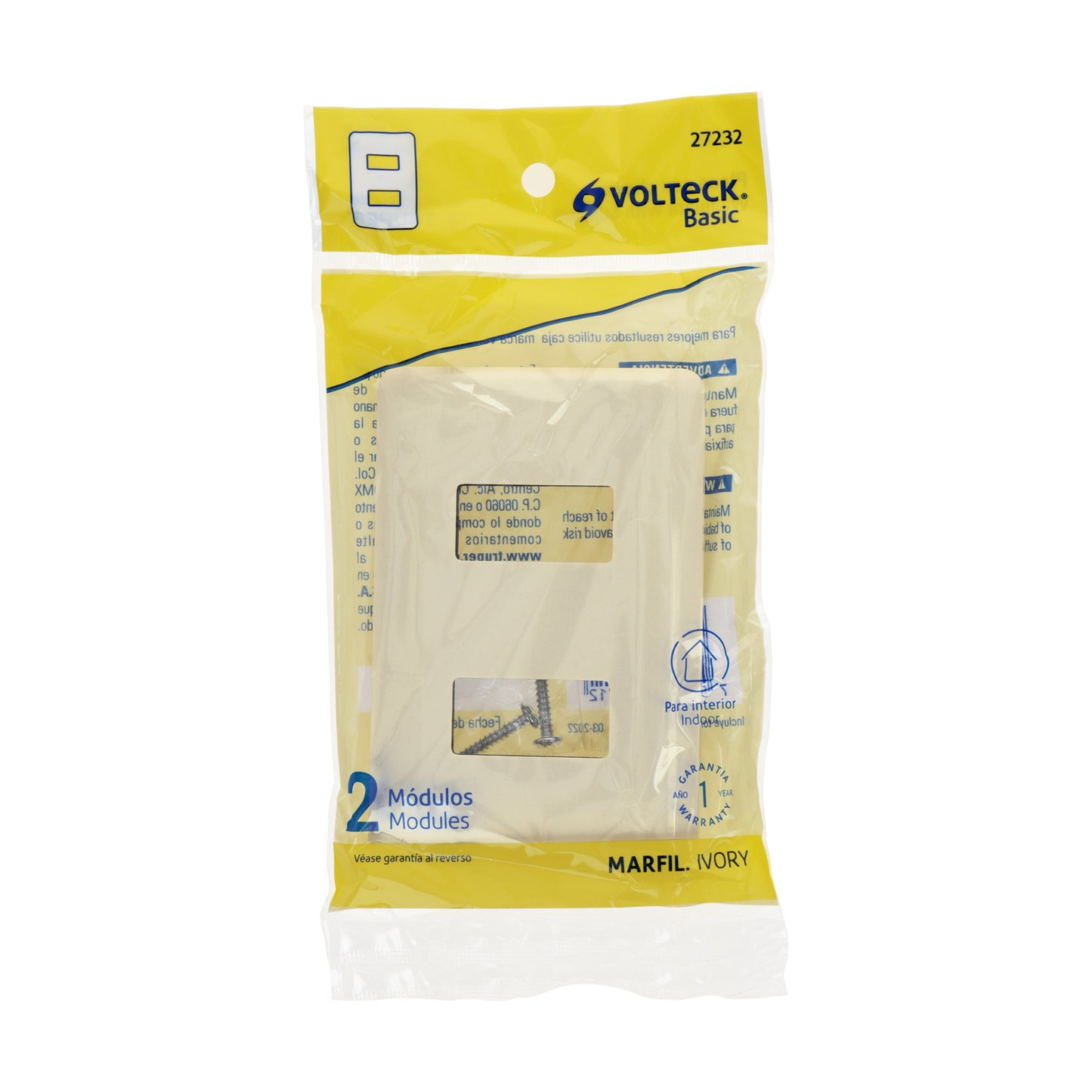 Placa 2 módulos, marfil, línea Volteck Basic | PPDO-BI | 27232