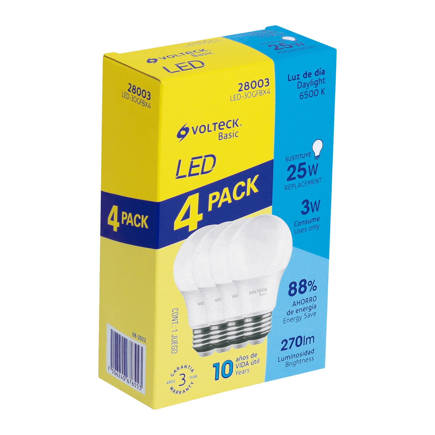Pack de 4 lámparas LED G45 3 W (equiv. 25 W), luz de día | LED-30GFBX4 | 28003