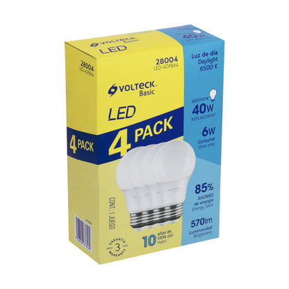 Pack de 4 lámparas LED A19 6 W (equiv. 40 W), luz de día | LED-40FBX4 | 28004