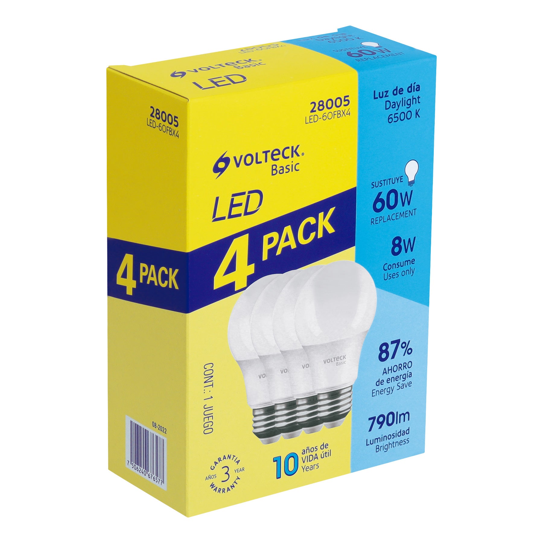Pack de 4 lámparas LED A19 8 W (equiv. 60 W), luz de día | LED-60FBX4 | 28005