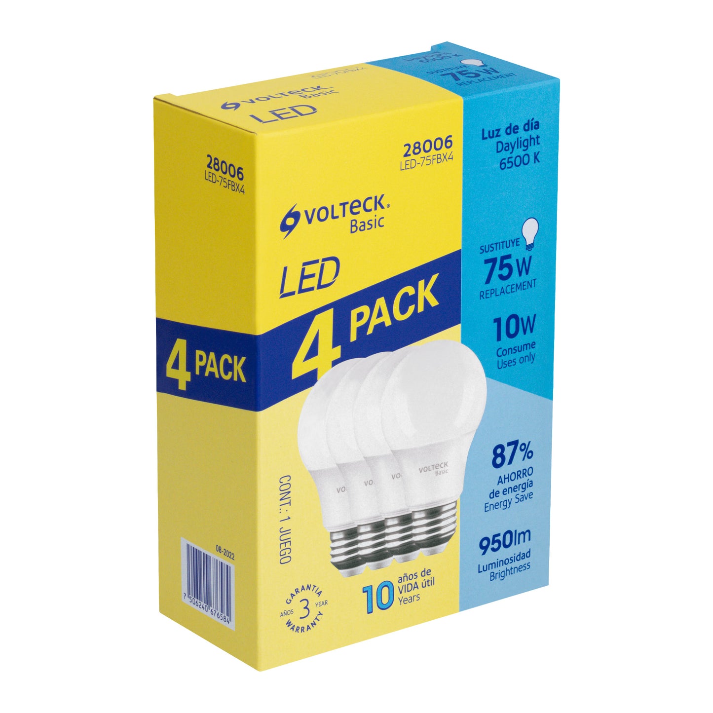 Pack de 4 lámparas LED A19 10 W (equiv. 75 W), luz de día | LED-75FBX4 | 28006
