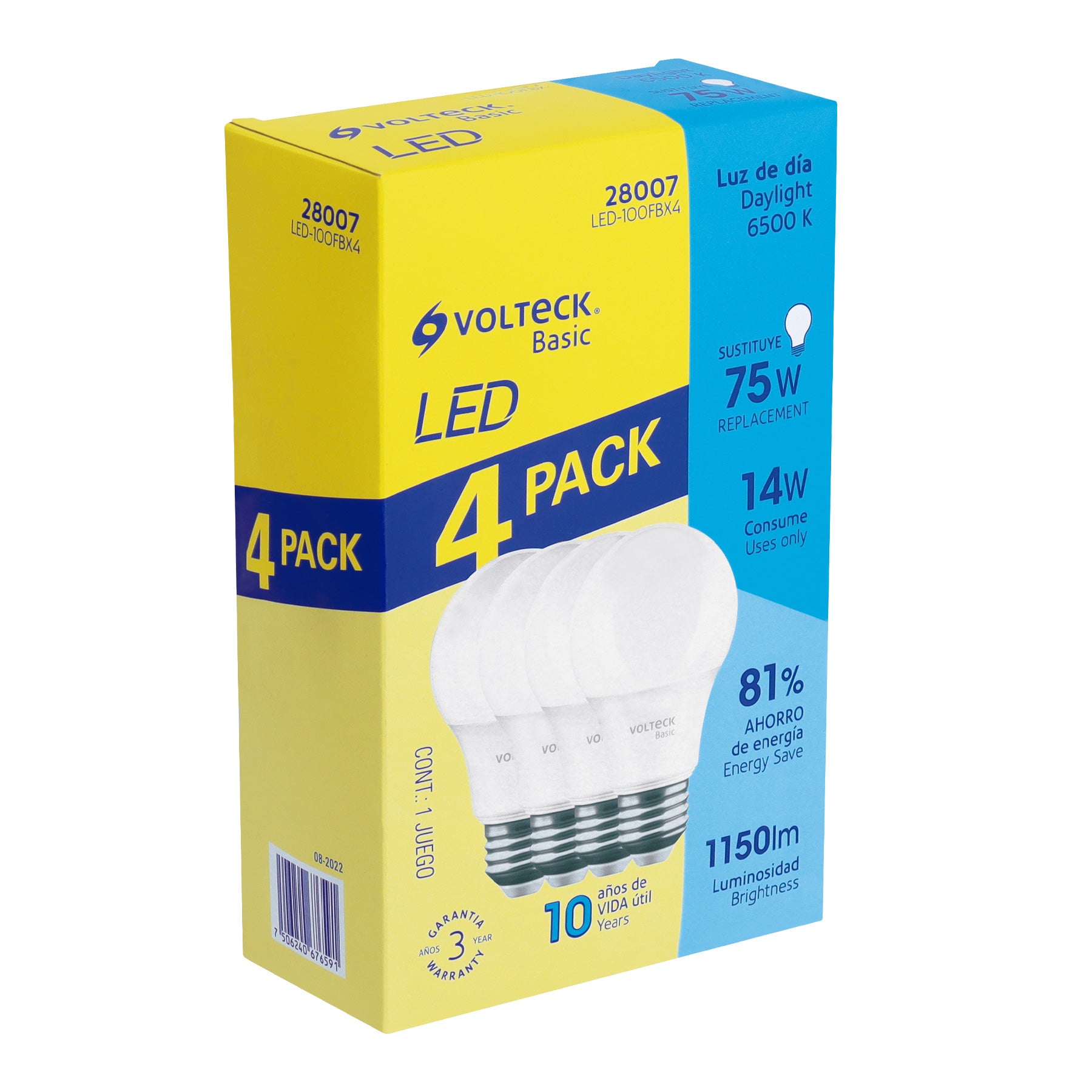 Pack de 4 lámparas LED A19 14 W (equiv. 75 W), luz de día | LED-100FBX4 | 28007
