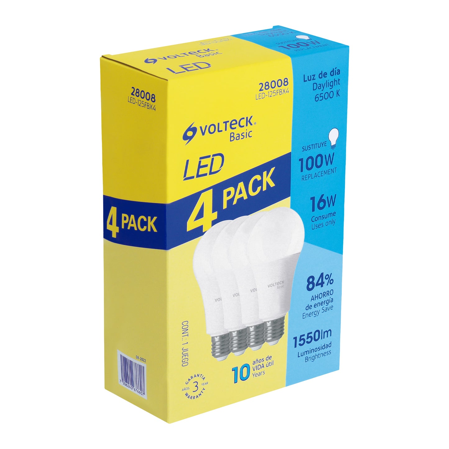 Pack de 4 lámparas LED A19 16 W (equiv. 100 W), luz de día | LED-125FBX4 | 28008