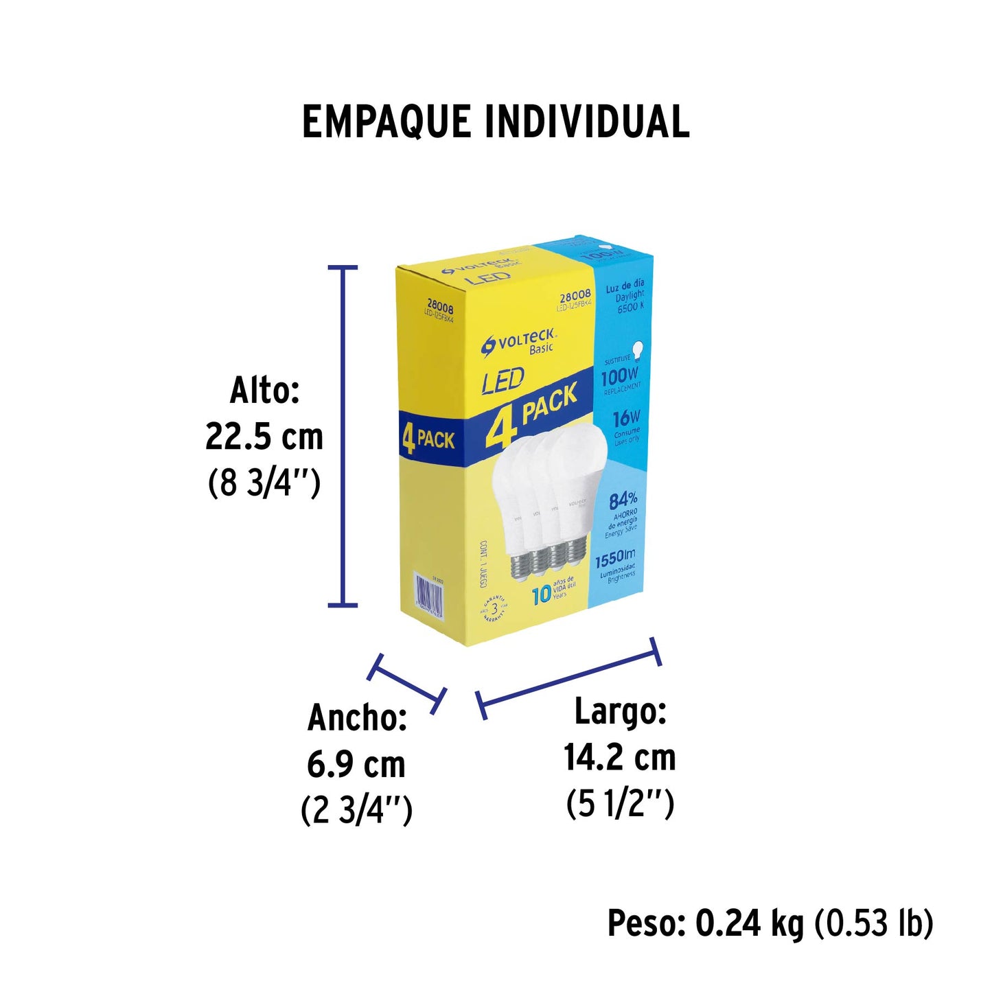 Pack de 4 lámparas LED A19 16 W (equiv. 100 W), luz de día | LED-125FBX4 | 28008