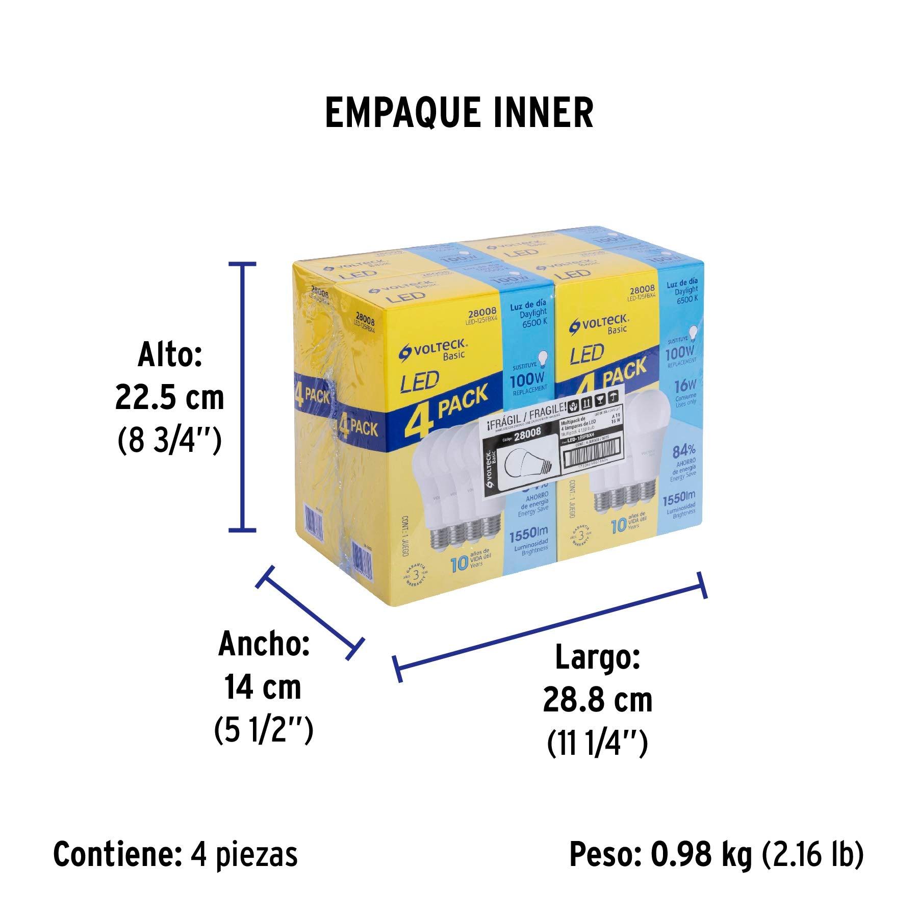 Pack de 4 lámparas LED A19 16 W (equiv. 100 W), luz de día | LED-125FBX4 | 28008