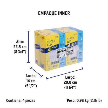 Pack de 4 lámparas LED A19 16 W (equiv. 100 W), luz de día | LED-125FBX4 | 28008