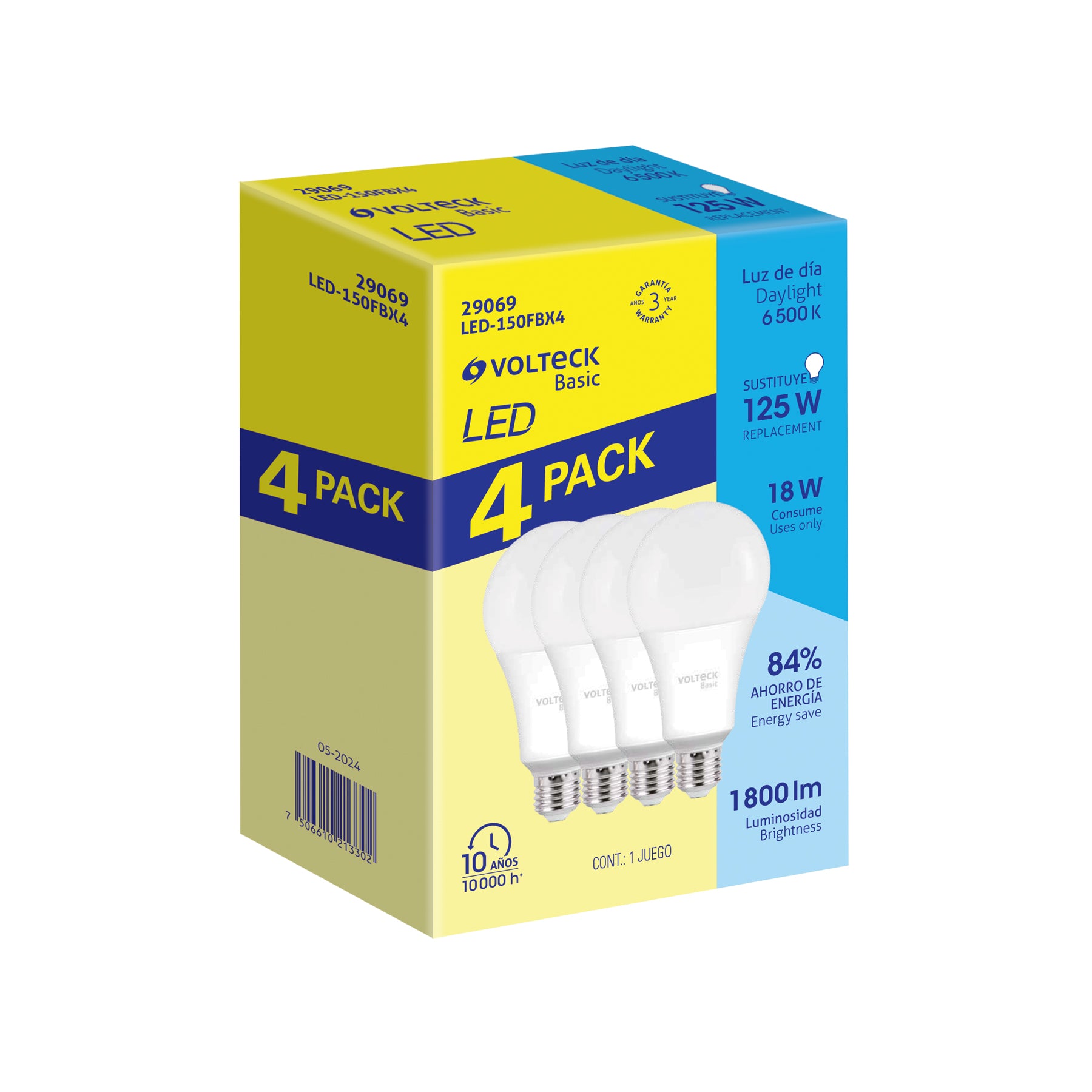Pack de 4 lámparas LED A19 18 W (equiv. 135 W), luz de día | LED-150FBX4 | 29069