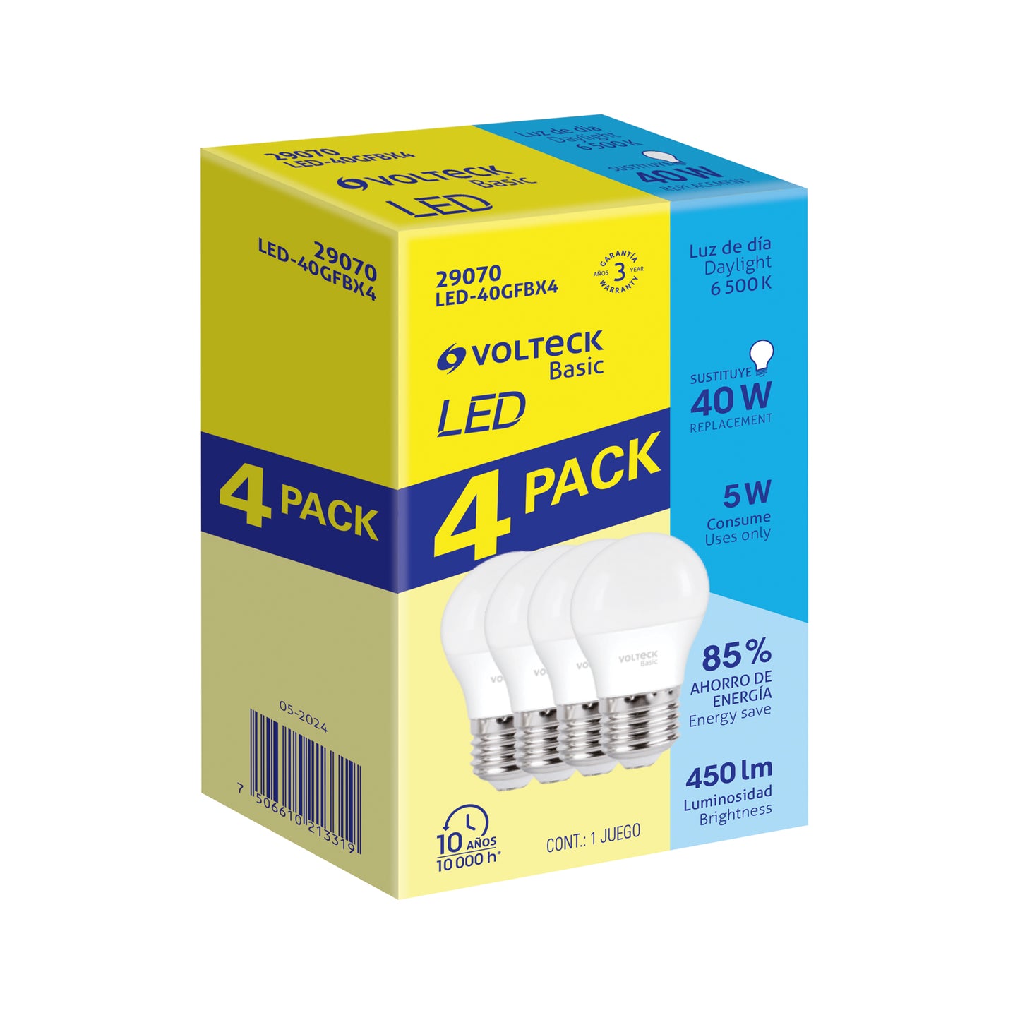 Pack de 4 lámparas LED G45 5 W (equiv. 35 W), luz de día | LED-40GFBX4 | 29070