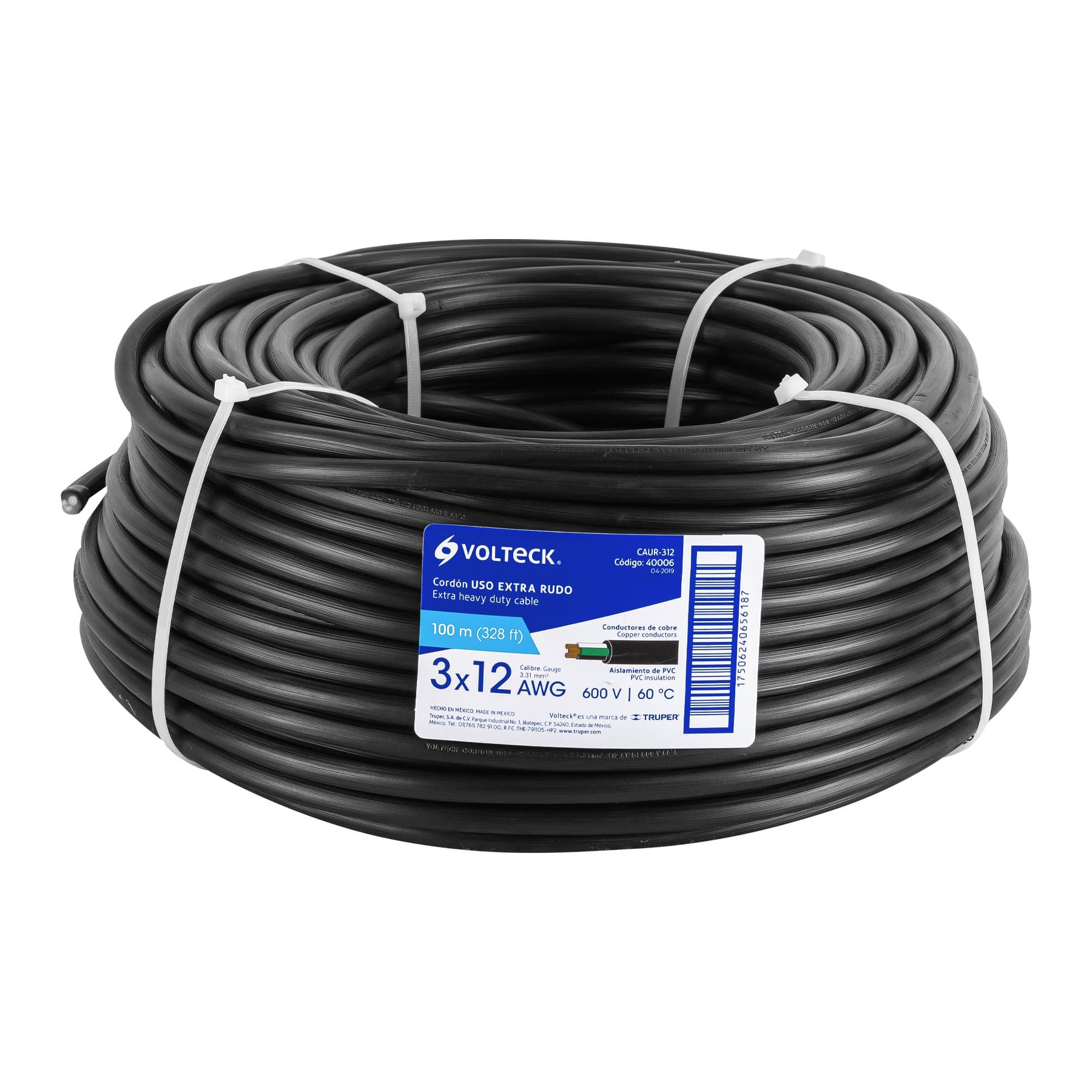 Metro de cable uso extra rudo 3 x 12 AWG en rollo de 100 m | CAUR-312 | 40006