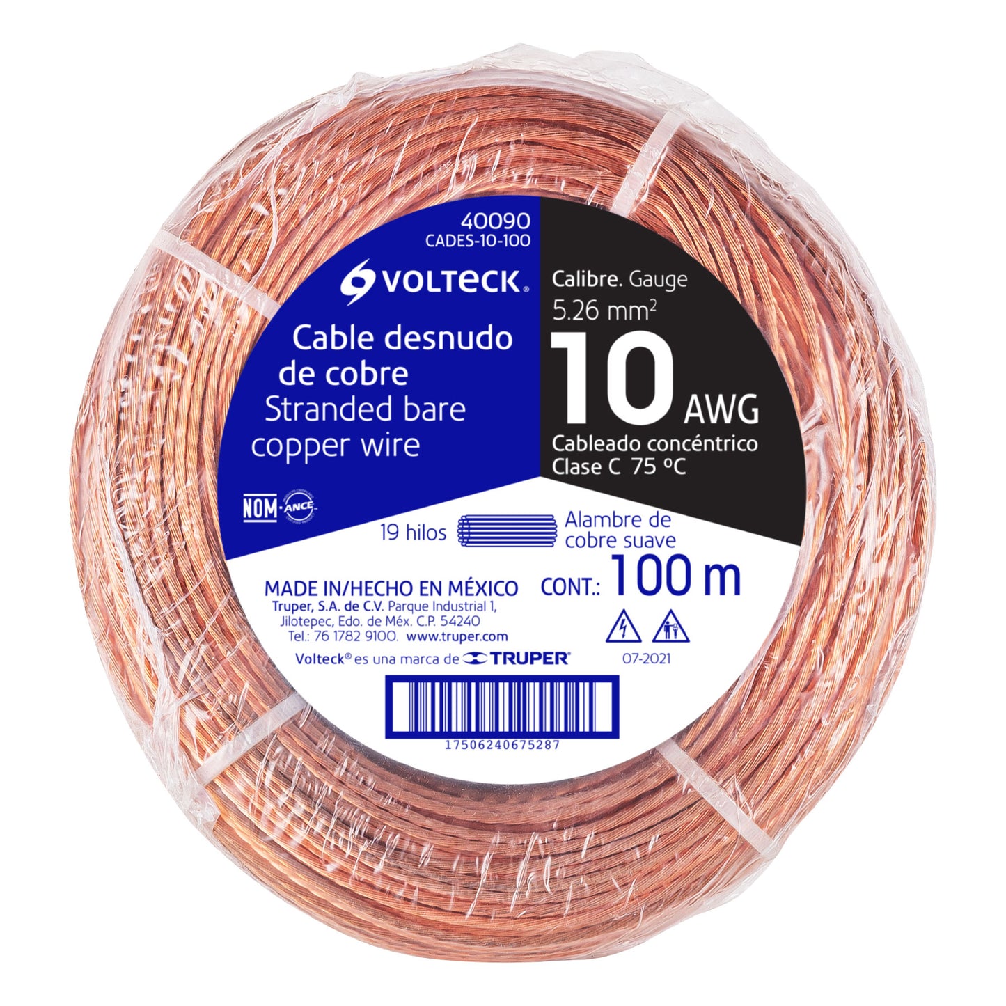 Metro de cable desnudo de cobre calibre 10 AWG, rollo 100 m | CADES-10-100 | 40090