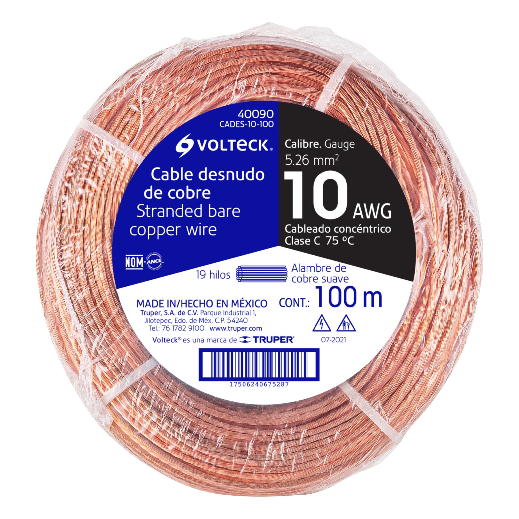 Metro de cable desnudo de cobre calibre 10 AWG, rollo 100 m | CADES-10-100 | 40090