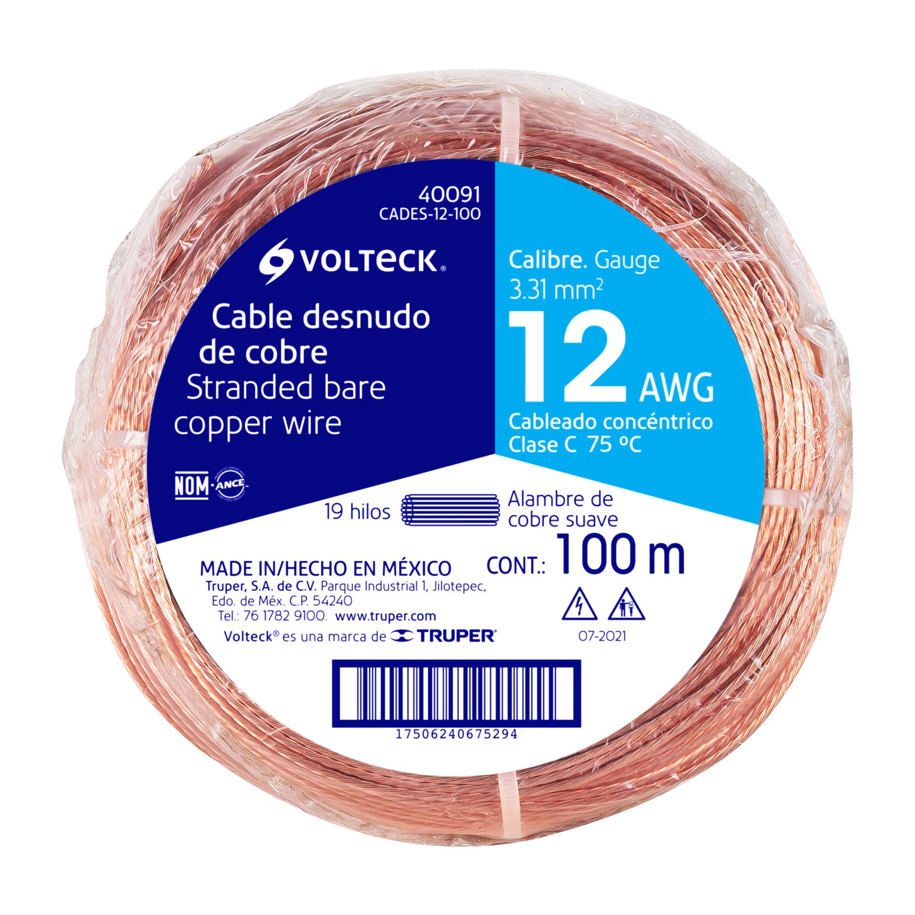 Metro de cable desnudo de cobre calibre 12 AWG, rollo 100 m | CADES-12-100 | 40091