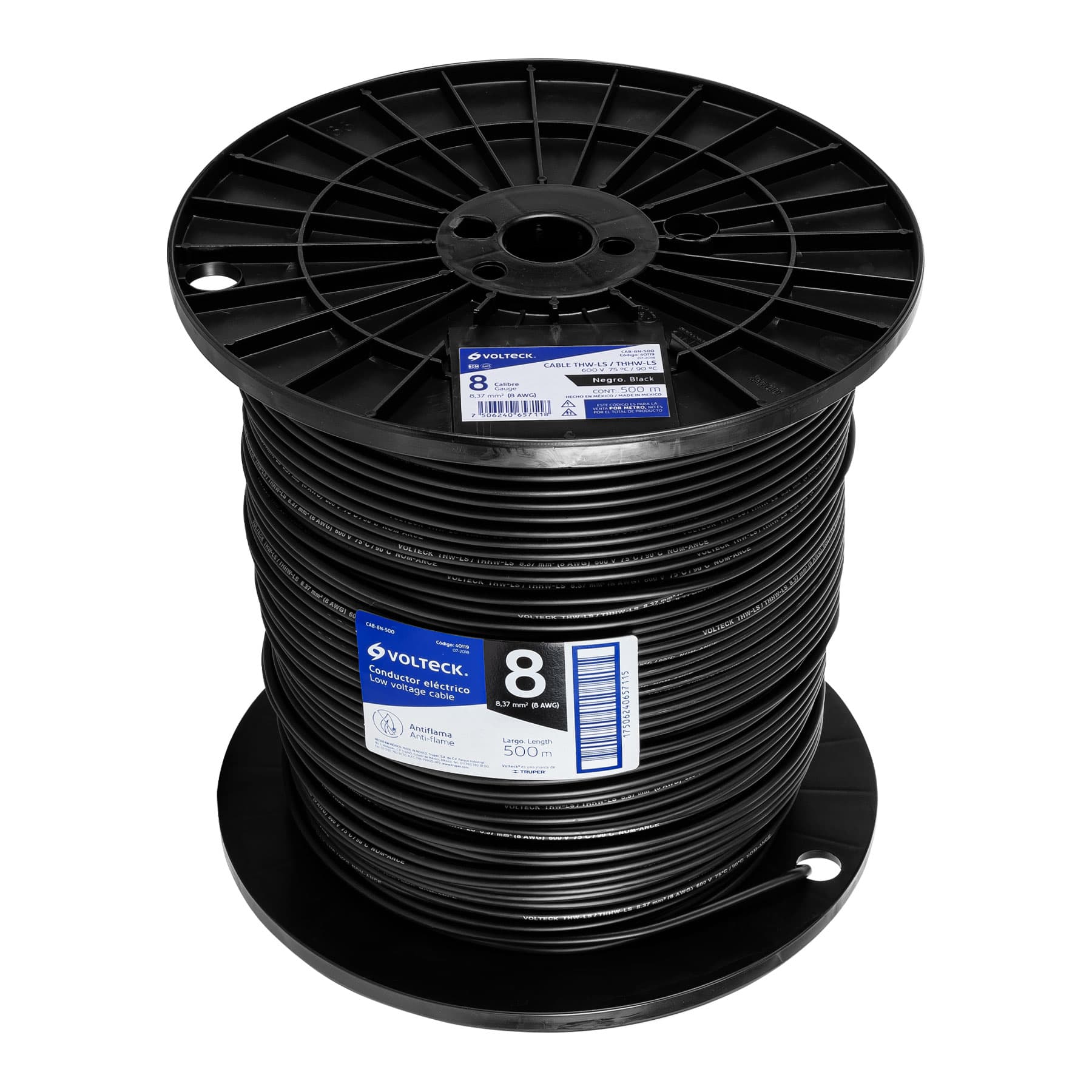Metro de cable THHW-LS 8 AWG negro en carrete de 500 m | CAB-8N-500 | 40119