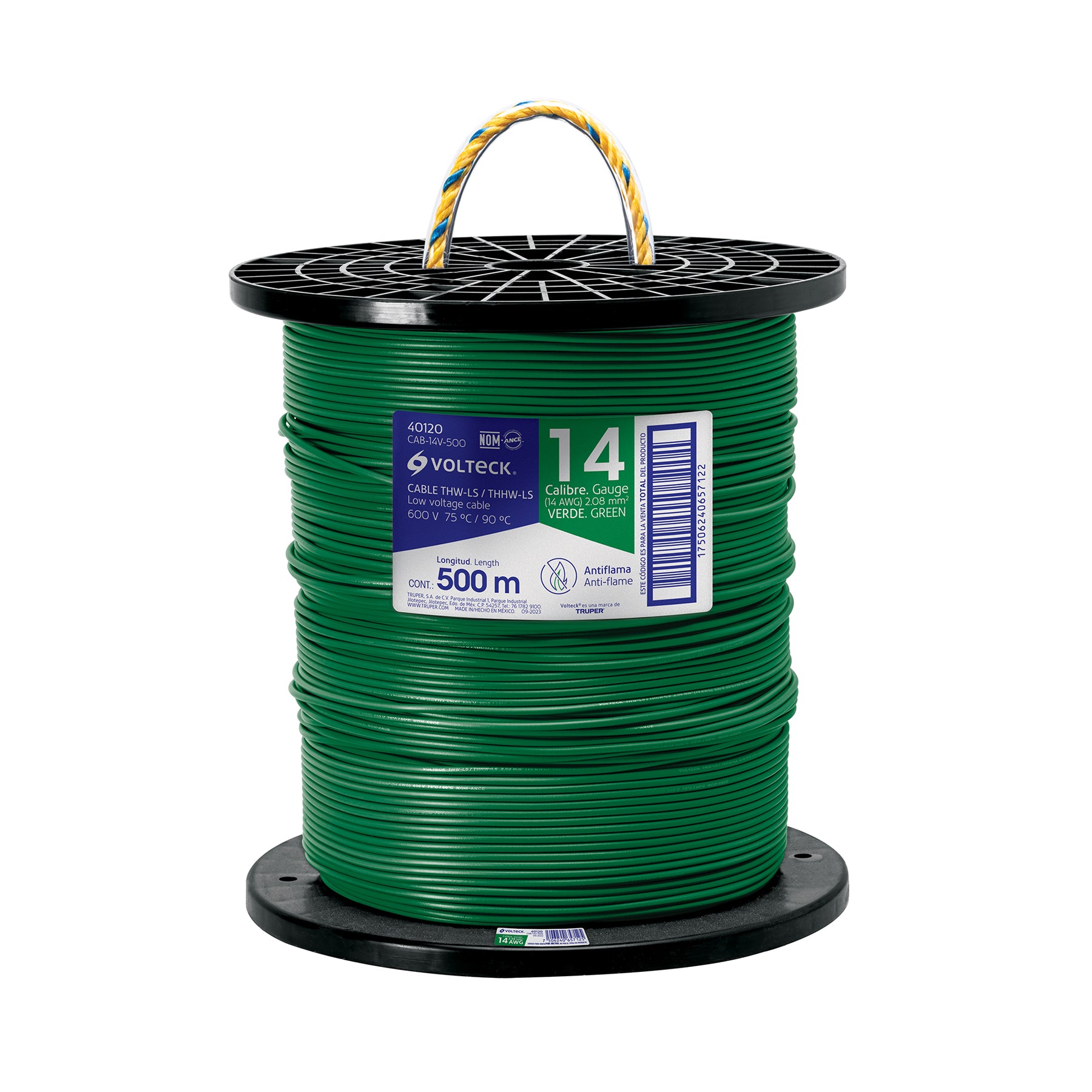 Metro de cable THHW-LS 14 AWG verde en carrete de 500 m | CAB-14V-500 | 40120